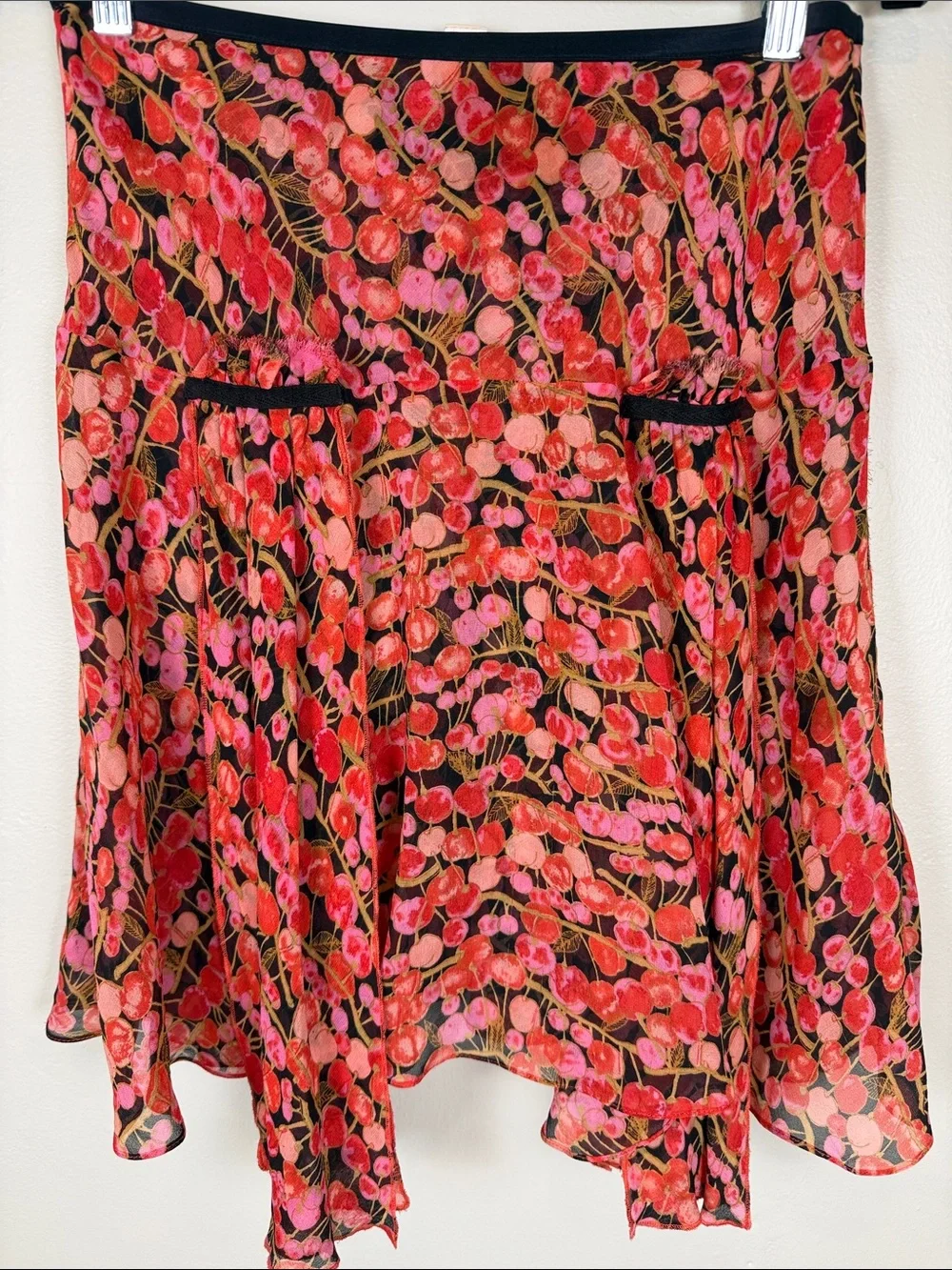 Intuitions A-Line Silk Skirt in Red and Pink Cherries